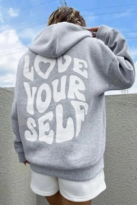 Kapüşonlu Sweatshirt Oversize Love Your Self Baskılı 3 Iplik Şardonlu %100 Pamuk